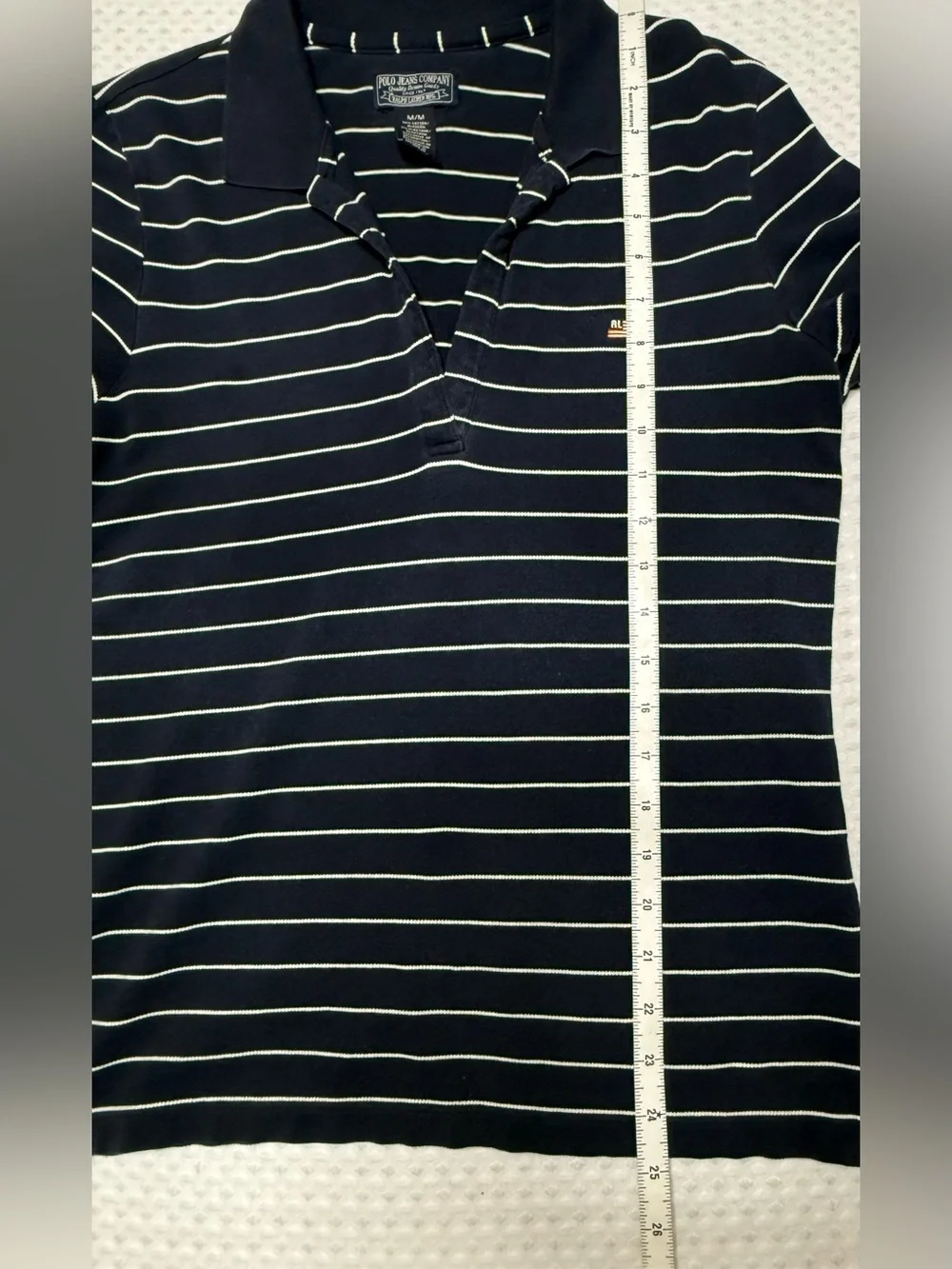 Ralph Lauren Polo Jeans Co Navy & White Striped Logo V Neck SZ M Preppy Nautical